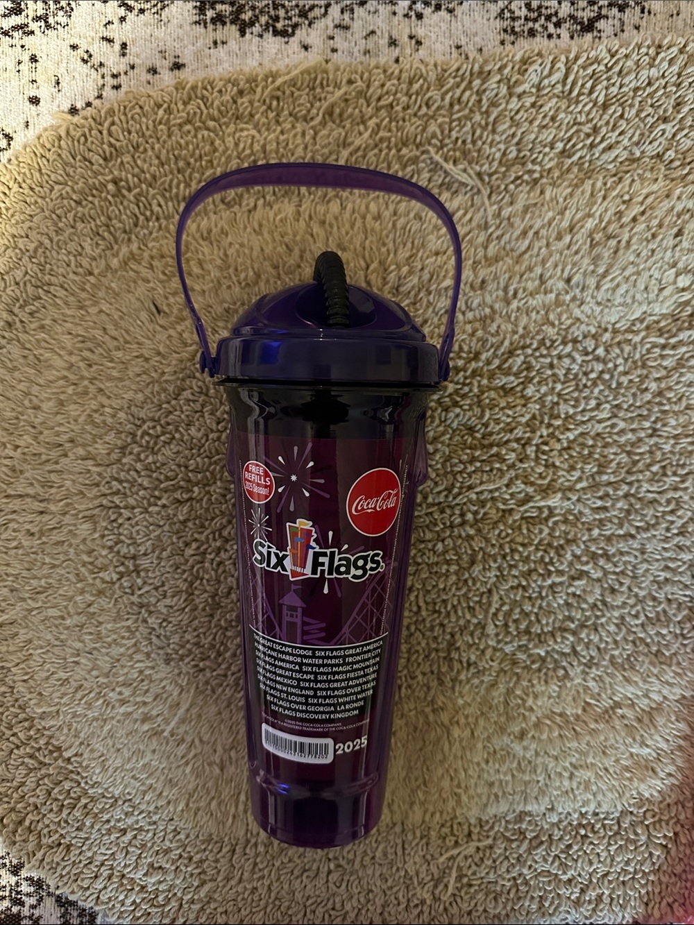 Coca-Cola Purple Six Flags Souvenir Tumbler with Handle